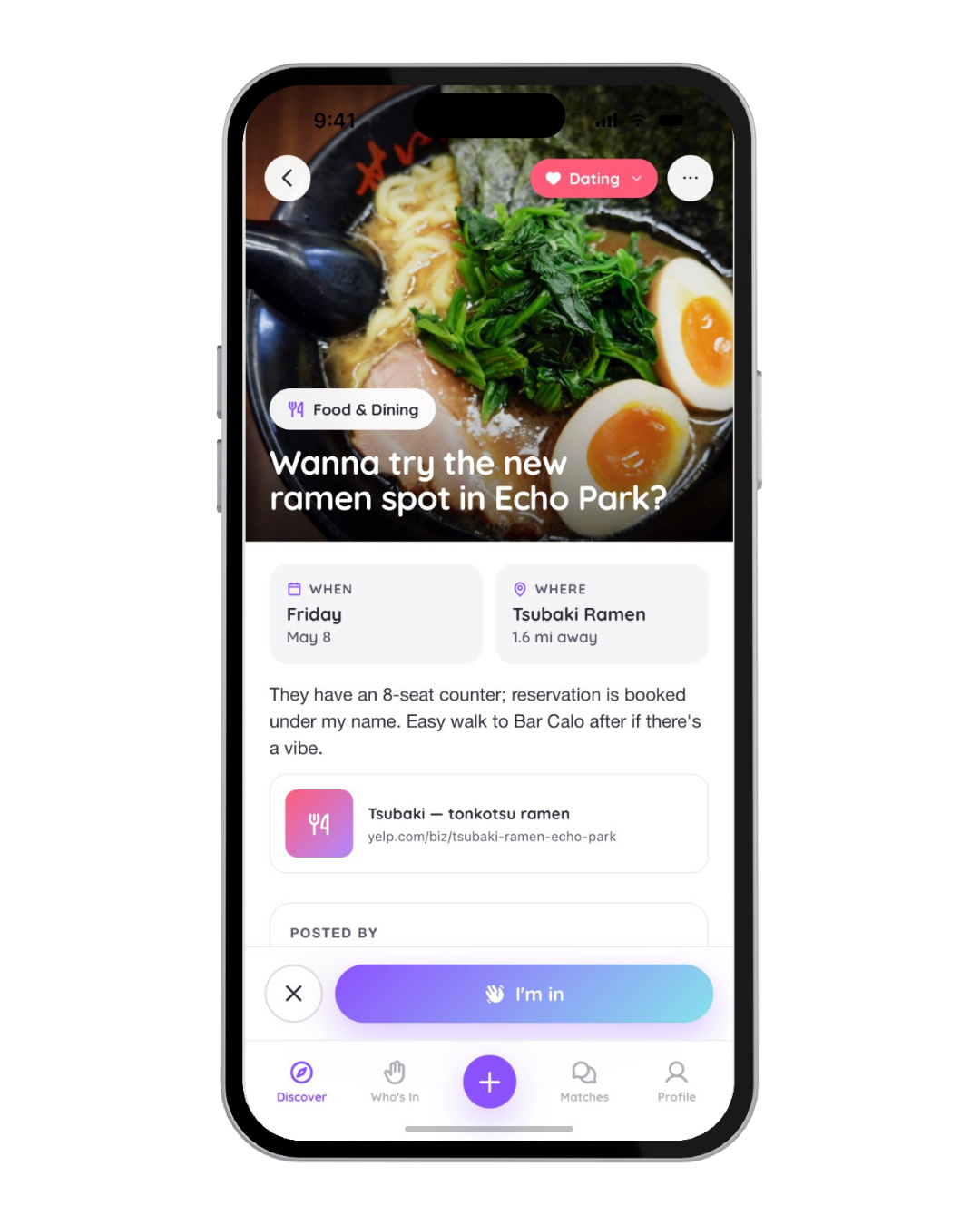 Activity detail screen showing a ramen dinner plan