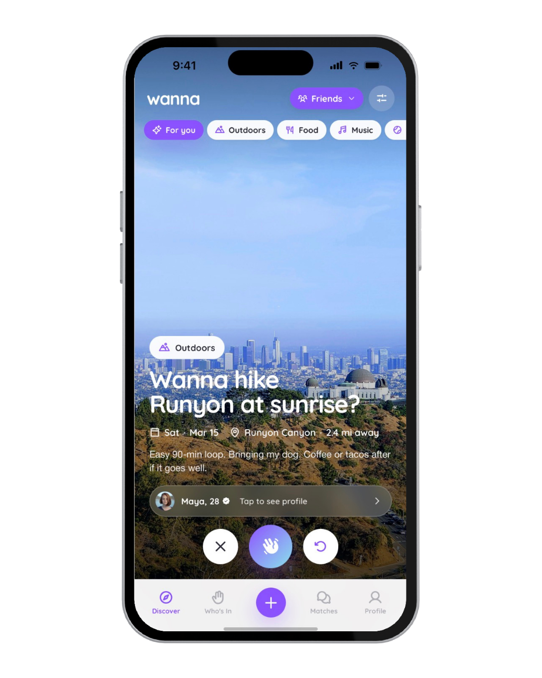 Discover screen showing a hiking activity card